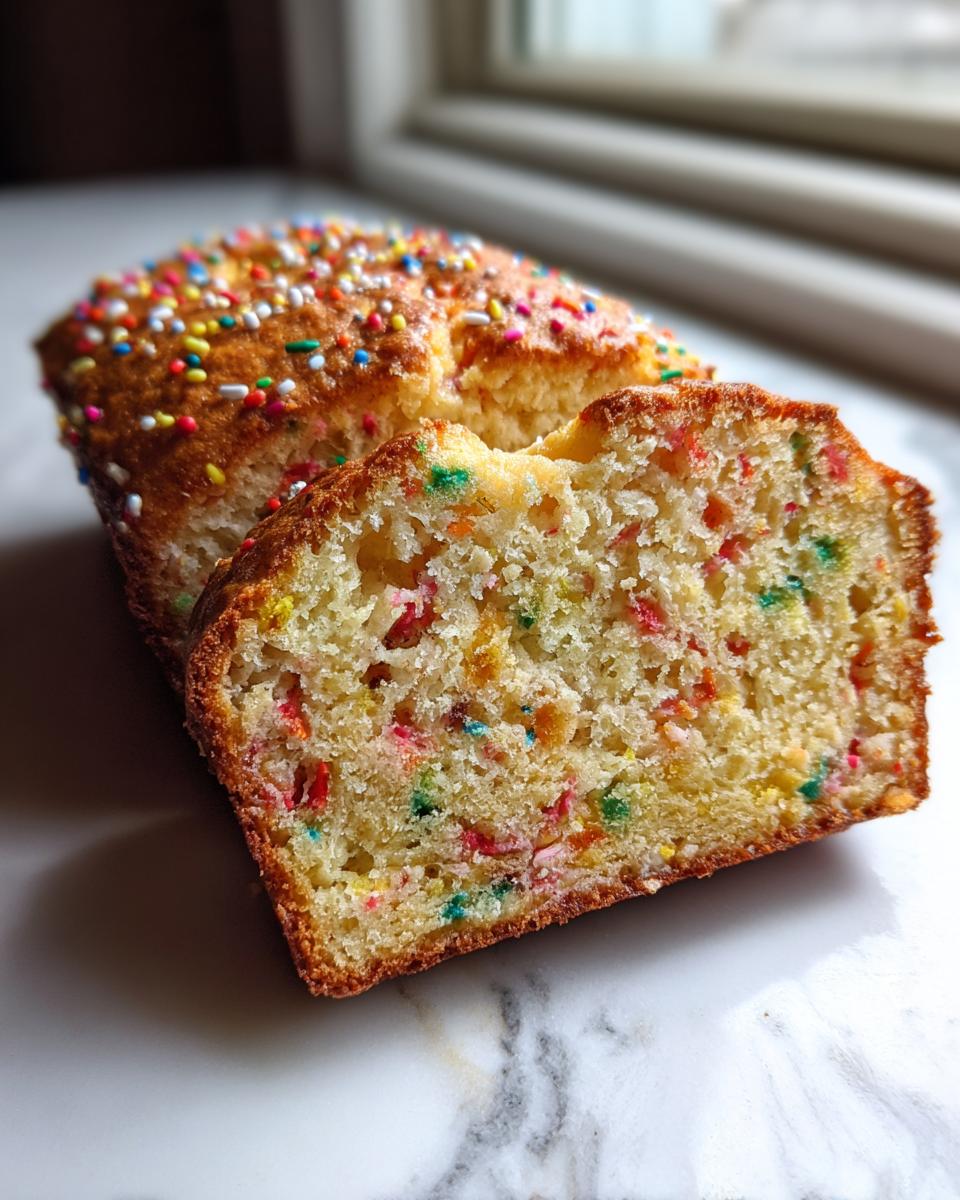 A slice of Christmas Sprinkle Buttermilk Bread showing colorful sprinkles baked into the moist crumb.