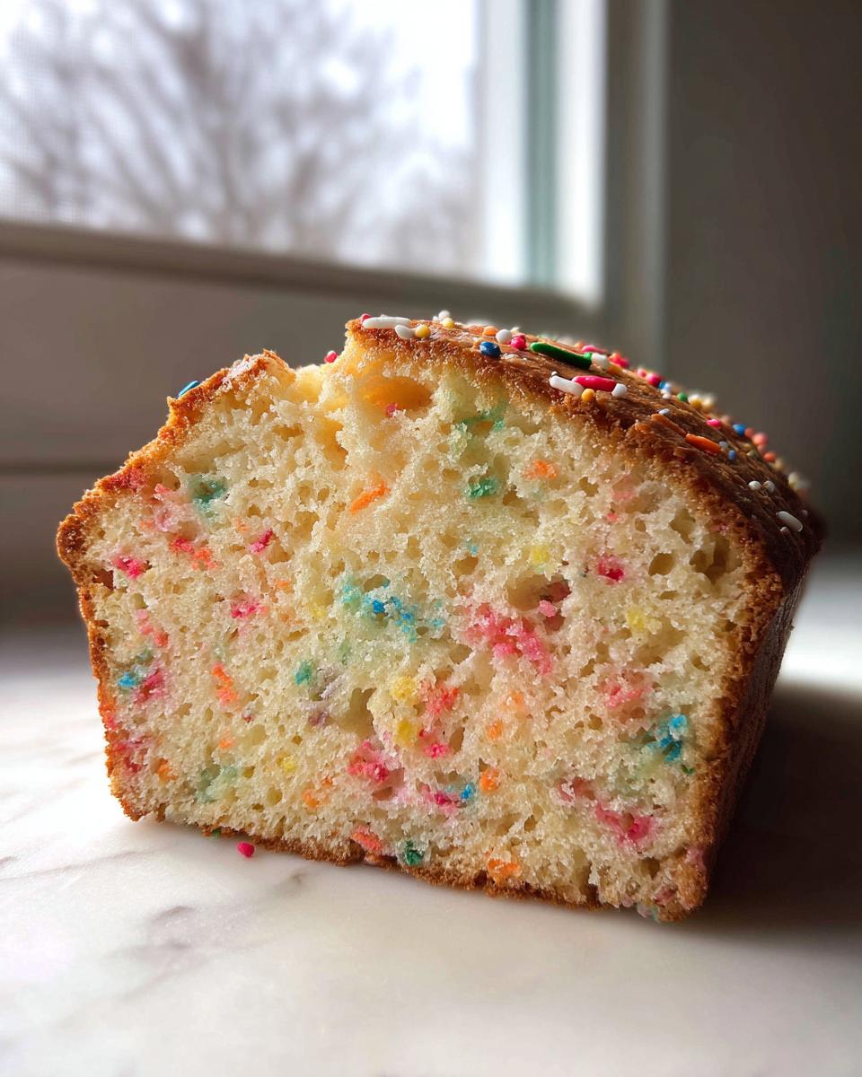 A close-up cross-section of moist Christmas Sprinkle Buttermilk Bread showing colorful confetti sprinkles throughout the crumb.