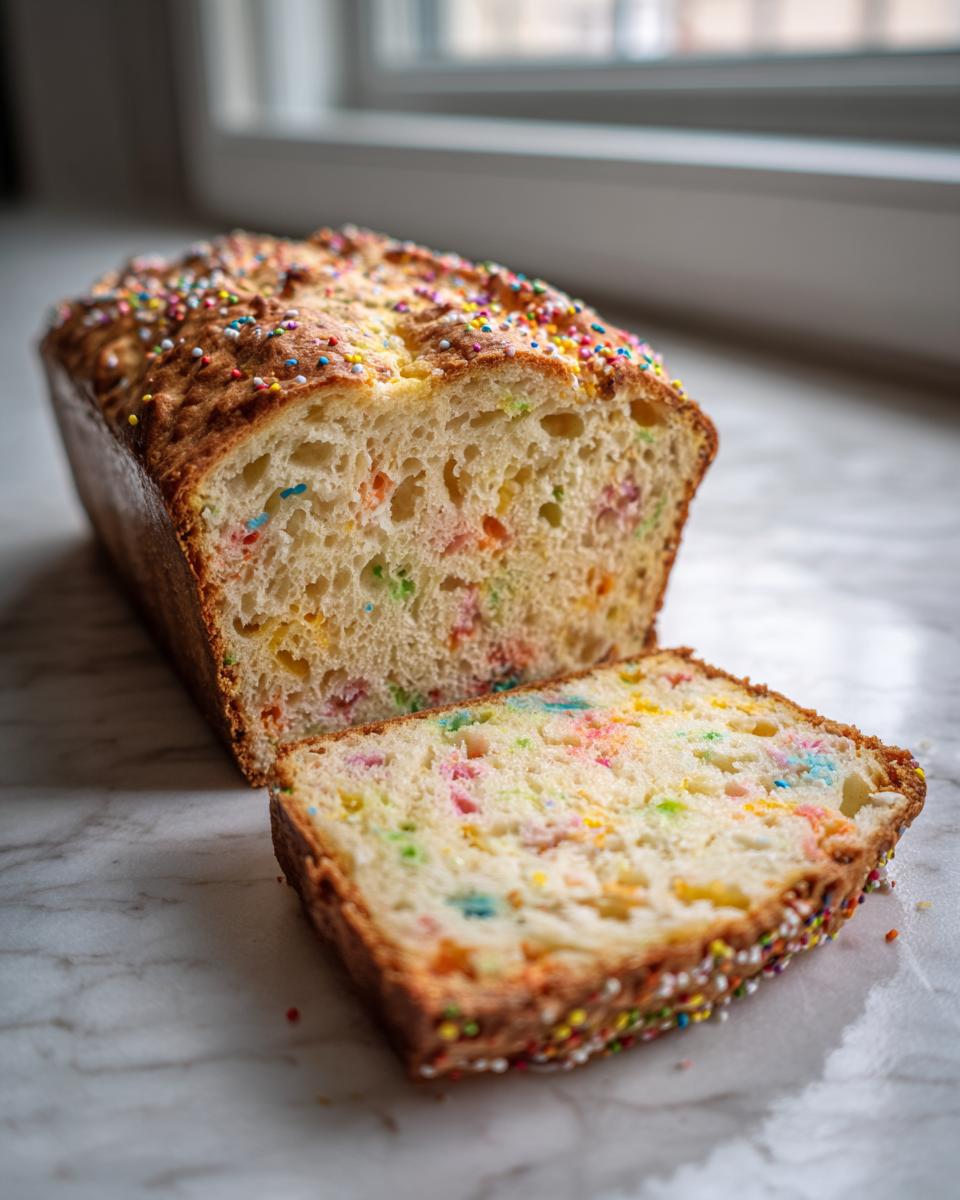 A loaf of Christmas Sprinkle Buttermilk Bread, partially sliced, showing colorful sprinkles inside and on the crust.