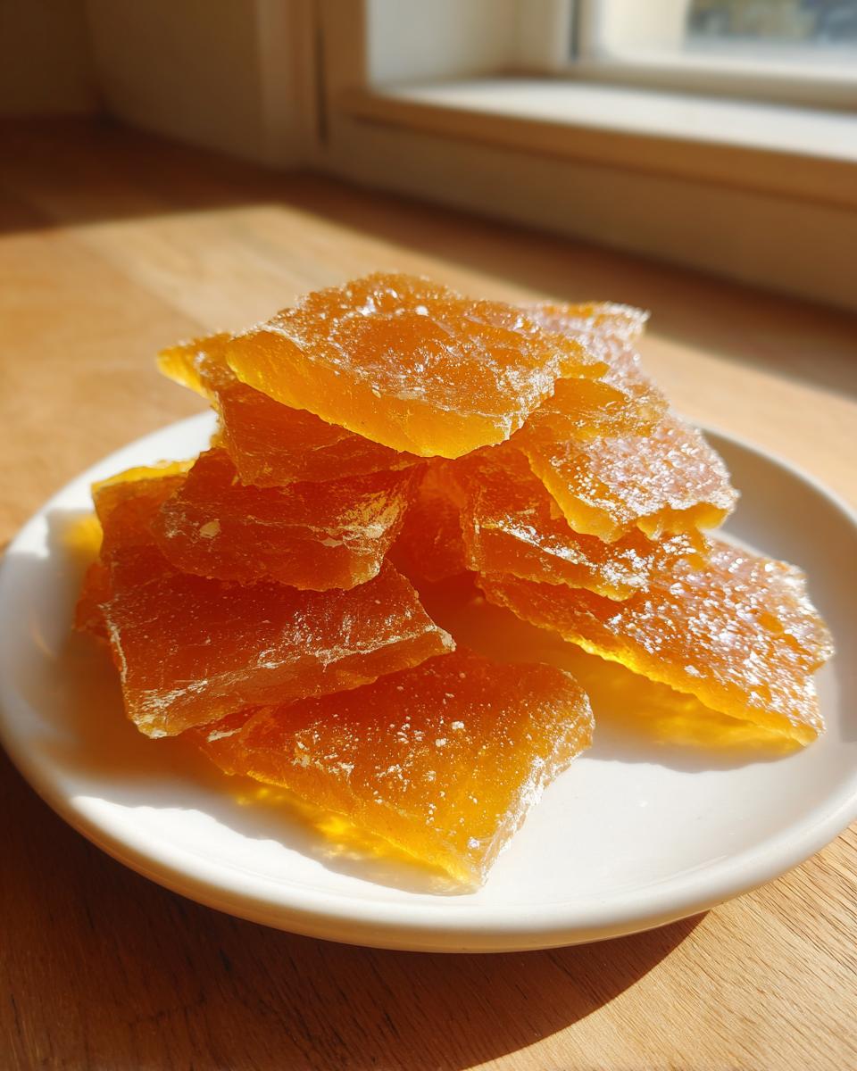 A stack of glistening, golden-brown pieces of Classic Christmas Toffee resting on a small white plate.