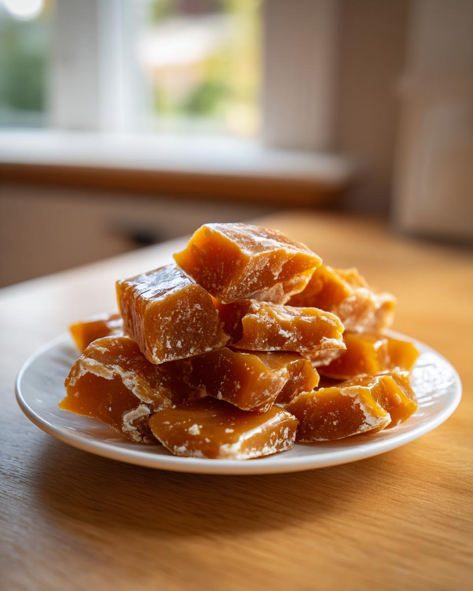A pile of golden brown, hard pieces of Classic Christmas Toffee stacked on a small white plate.