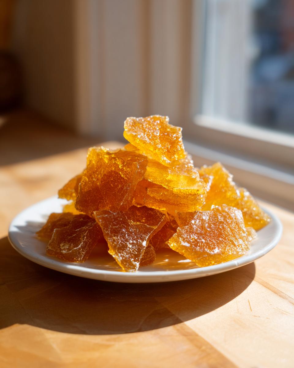 A pile of golden, shattered pieces of Classic Christmas Toffee resting on a small white plate.