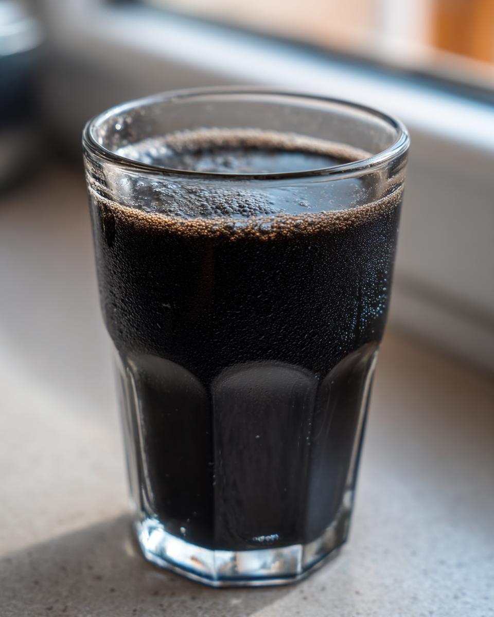 A cold glass filled with a dark, rich Black Milkshake, showing condensation on the exterior.