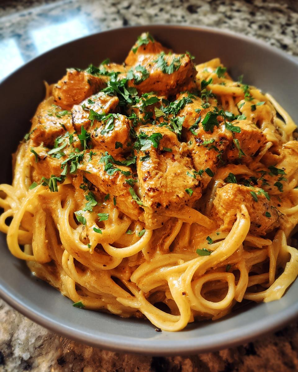 Close-up of a bowl filled with Cowboy Butter Chicken Linguine, featuring creamy sauce and cubed chicken topped with fresh parsley.
