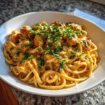 A white bowl filled with creamy Cowboy Butter Chicken Linguine, topped generously with fresh chopped parsley.
