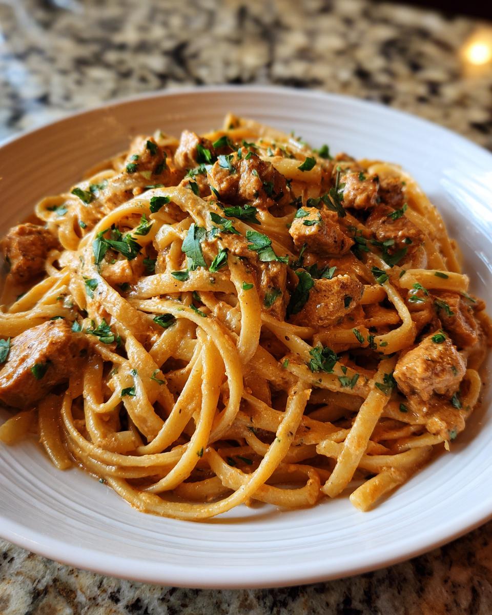 A close-up of a white bowl filled with Cowboy Butter Chicken Linguine, topped with fresh parsley.