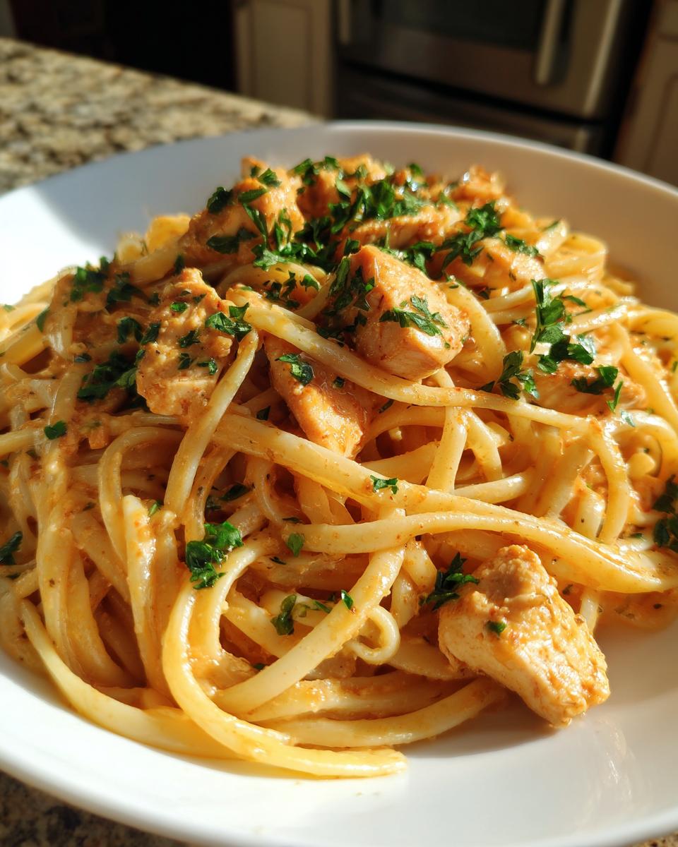 A close-up shot of creamy Cowboy Butter Chicken Linguine topped with diced chicken and fresh parsley.