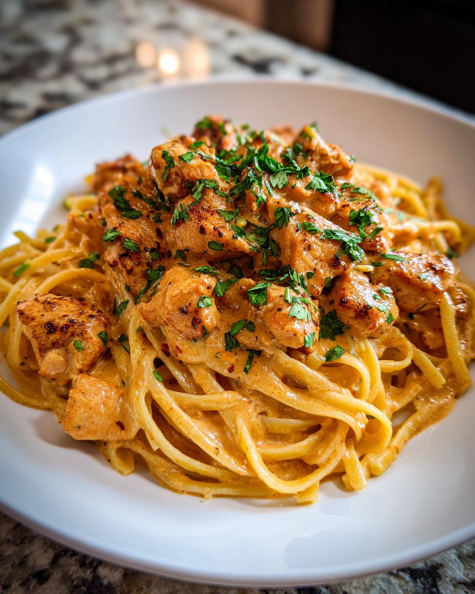 A white bowl filled with Cowboy Butter Chicken Linguine, topped with chunks of seasoned chicken and fresh parsley.