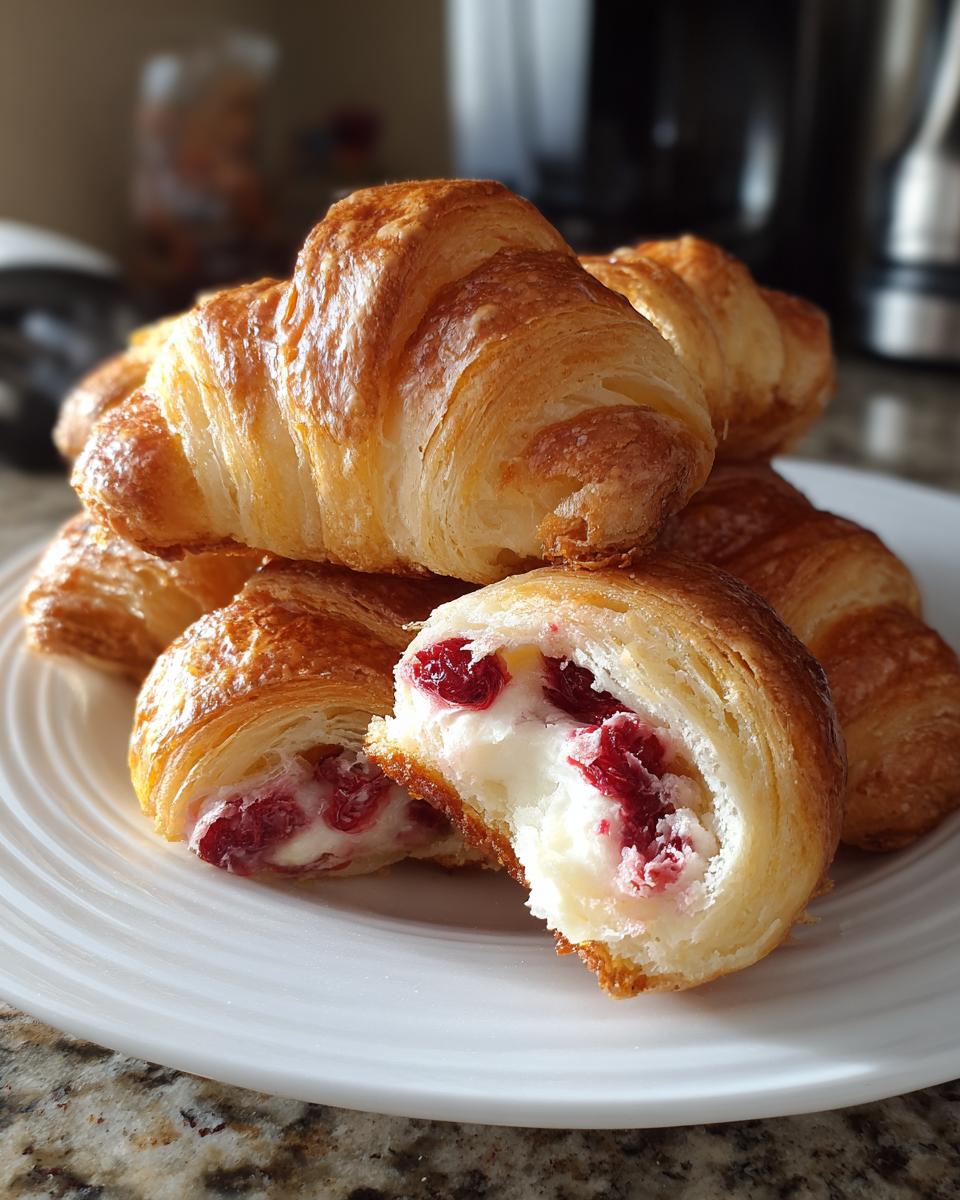Flaky baked crescent rolls filled with cream cheese and bright red cranberries, showcasing the Cranberry Cream Cheese Crescent Bites.