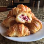 A stack of golden-brown Cranberry Cream Cheese Crescent Bites, one cut open showing the creamy filling.