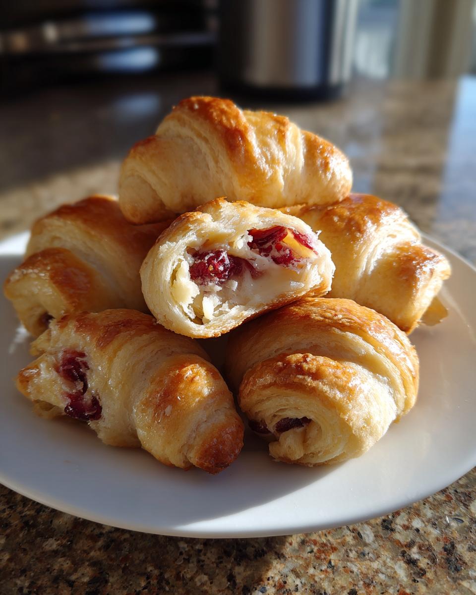 A stack of golden baked Cranberry Cream Cheese Crescent Bites, one cut open showing the filling.