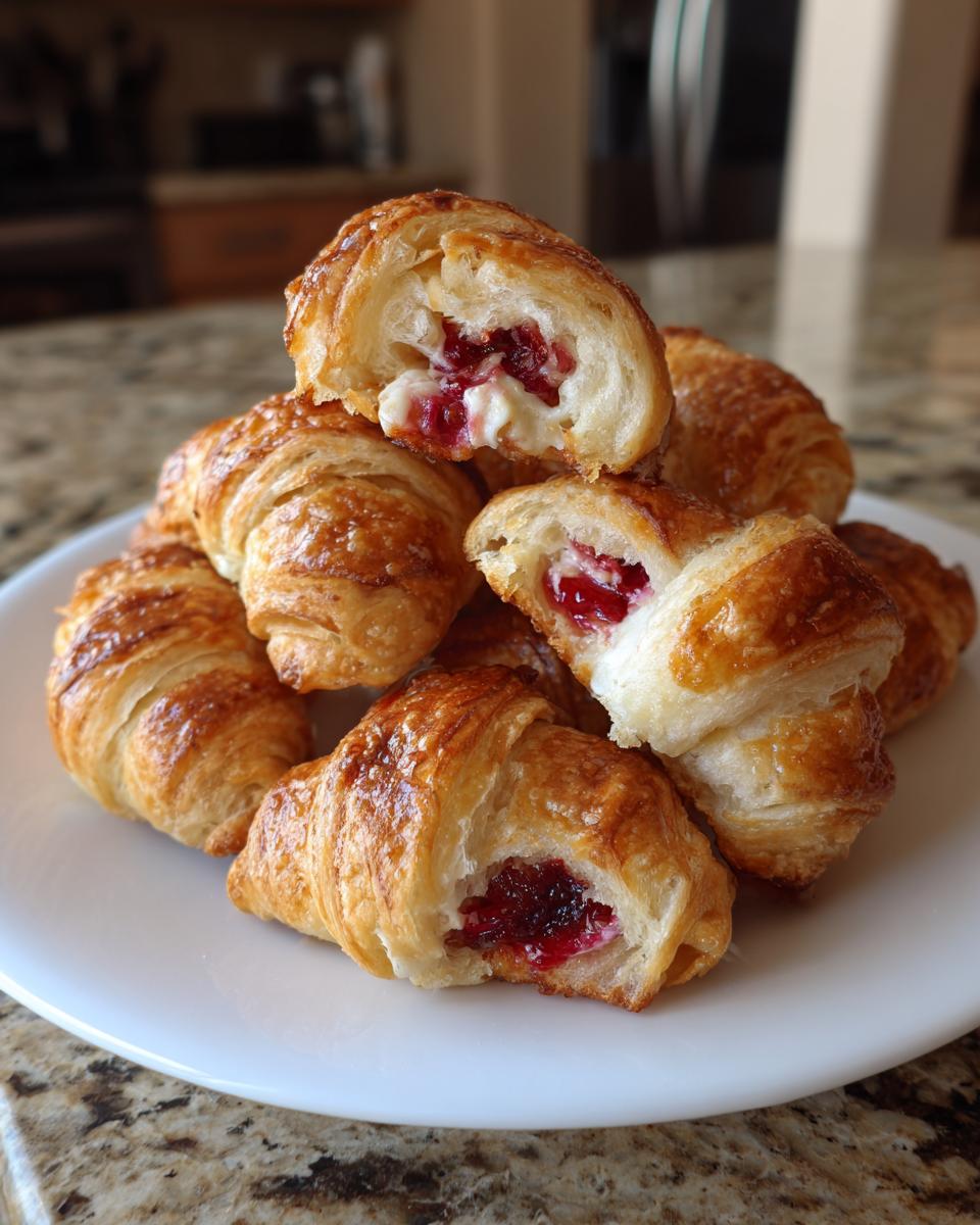 A stack of golden-brown Cranberry Cream Cheese Crescent Bites, with several cut open to show the cream cheese and cranberry filling.