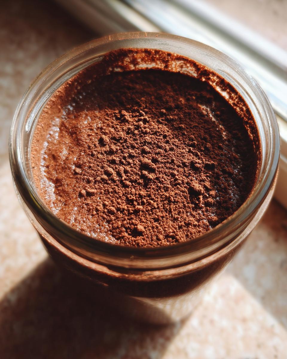 Overhead view of Creamy Chocolate Protein Overnight Oats topped generously with cocoa powder in a glass jar.