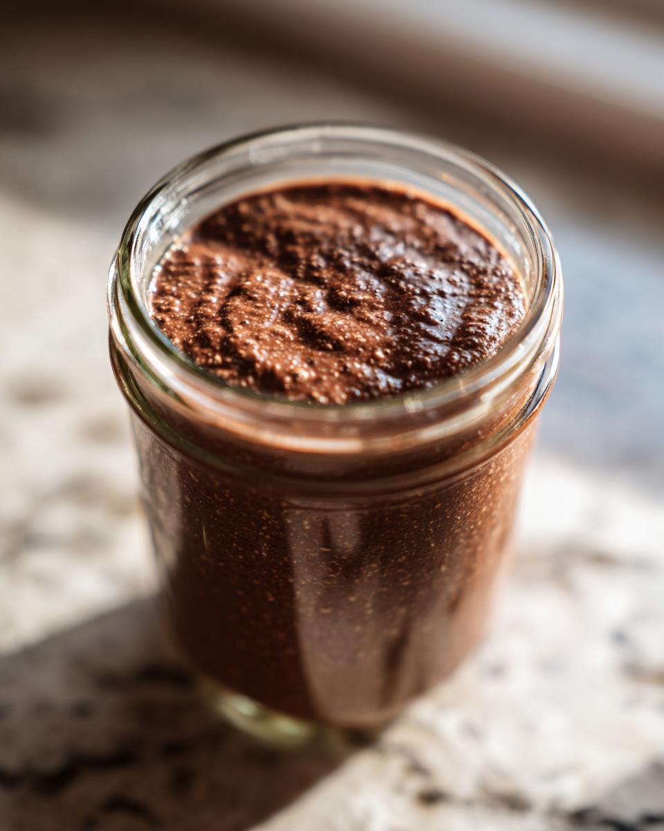Close-up of thick, rich Creamy Chocolate Protein Overnight Oats in a glass jar.