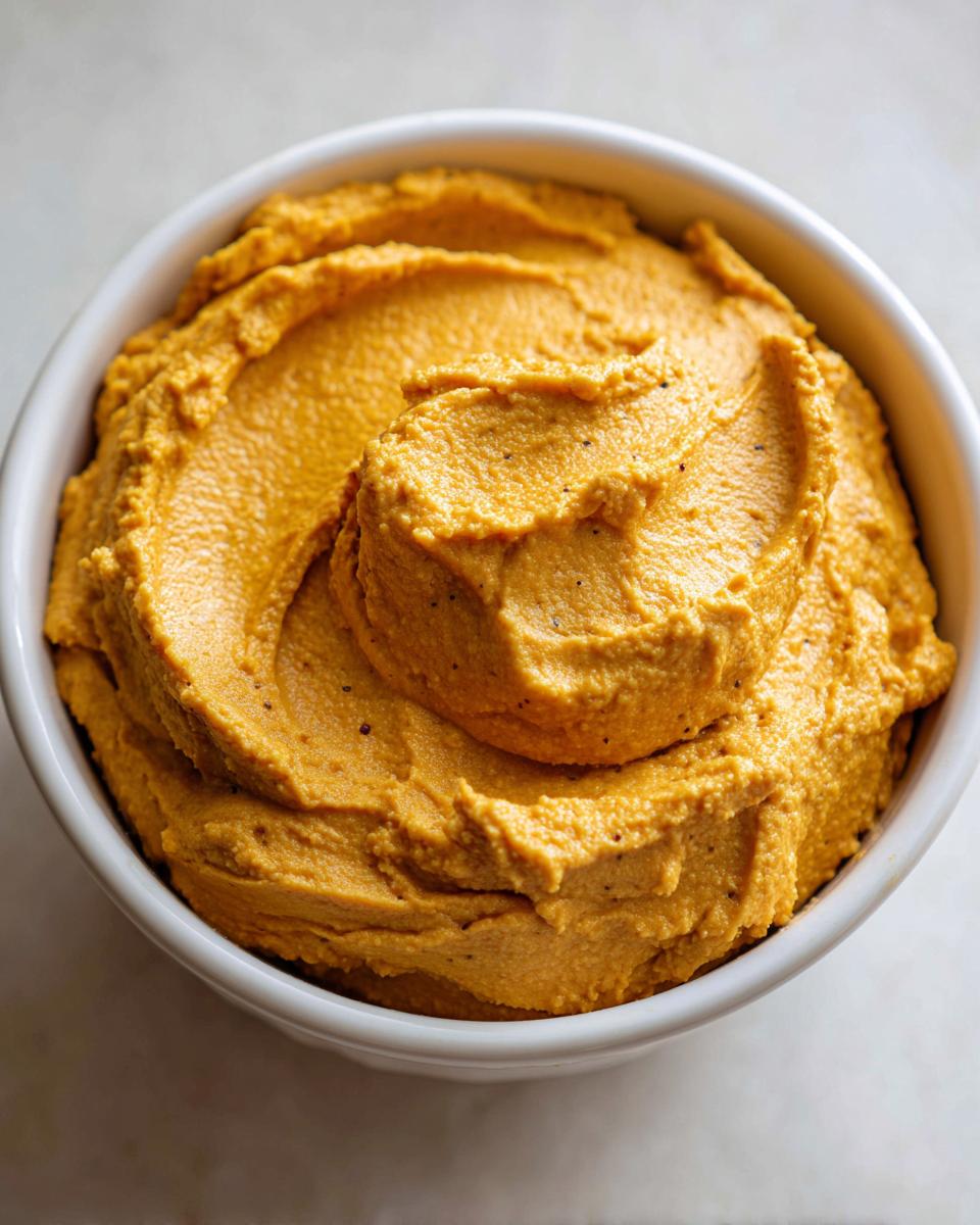 Close-up of thick, orange Pumpkin Cheesecake Dip swirled beautifully in a white serving bowl.