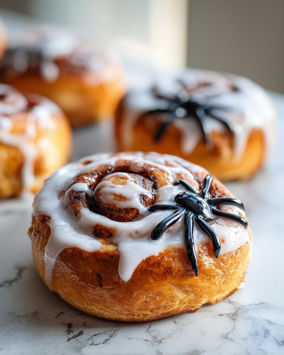 Close-up of a Creepy Crawly Cinnamon Roll topped with white icing and a black plastic spider.