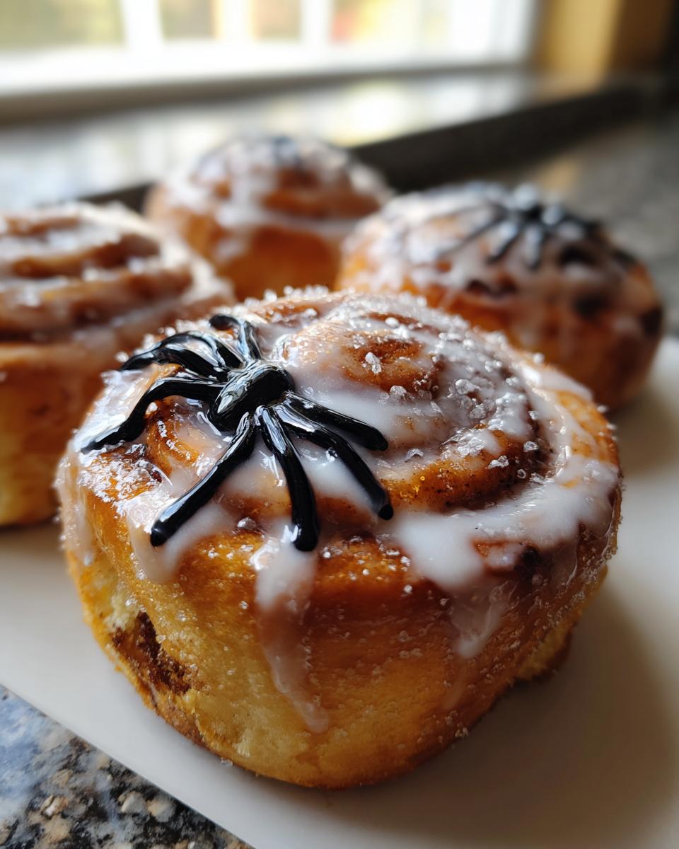 A close-up of a glazed Creepy Crawly Cinnamon Roll topped with a black icing spider and sugar crystals.