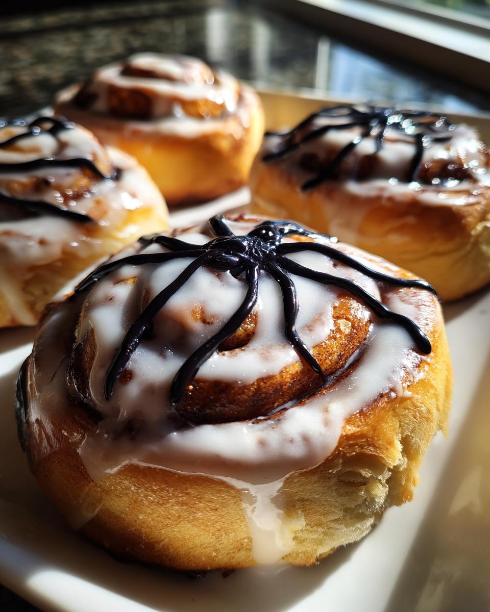 Close-up of glazed Creepy Crawly Cinnamon Rolls decorated with black icing spiders for Halloween.