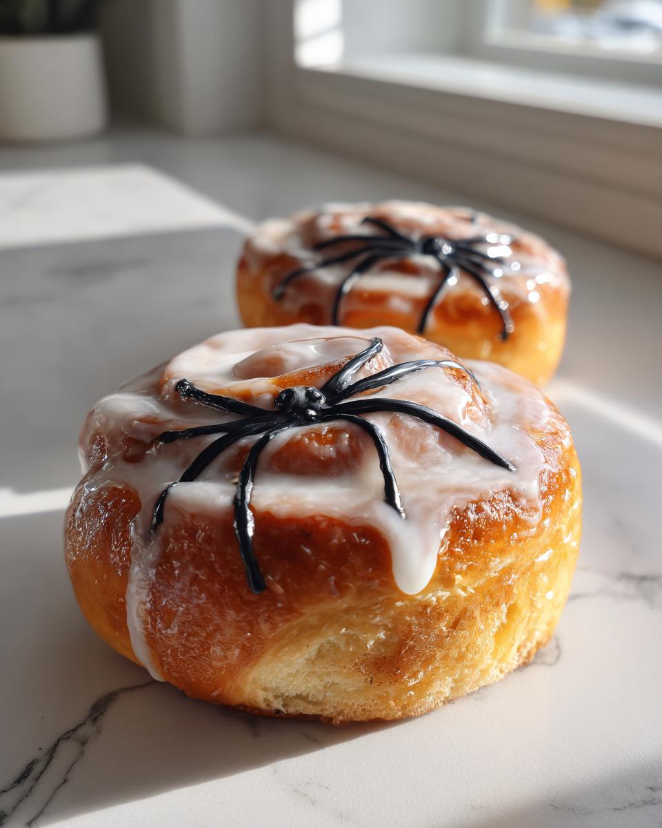 Two glazed Creepy Crawly Cinnamon Rolls topped with black plastic spiders sitting on a marble surface.