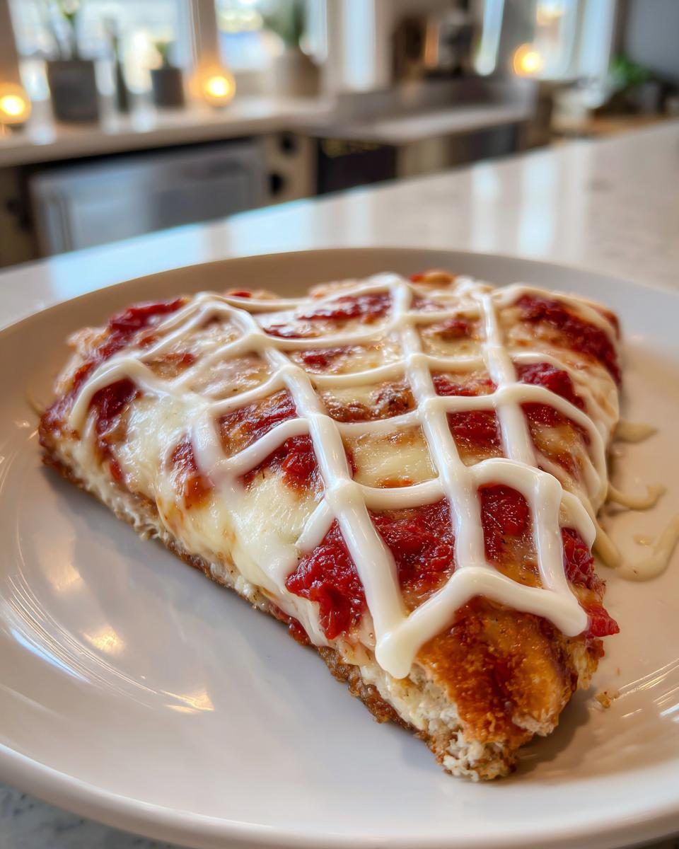 A slice of Creepy Spider Web Pizza topped with marinara, melted cheese, and a white icing web design.
