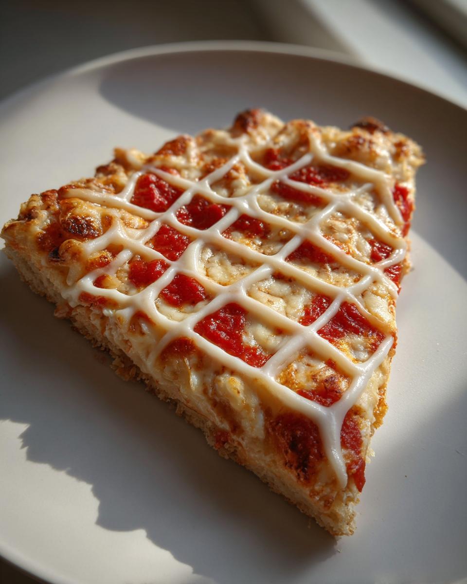 A single slice of Creepy Spider Web Pizza featuring red sauce, melted cheese, and a white, web-like topping pattern.