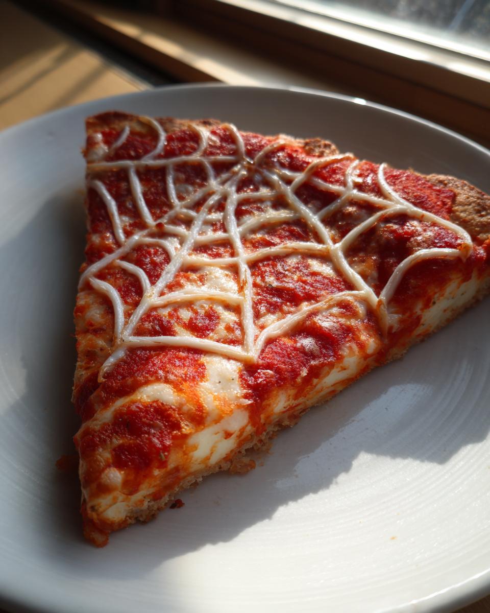 A single slice of Creepy Spider Web Pizza featuring red sauce and a white cheese web design, resting on a white plate.