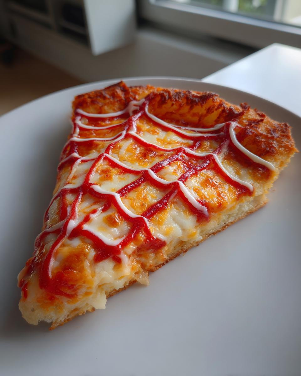 A slice of Creepy Spider Web Pizza topped with melted cheese and drizzled with red (ketchup) and white (mayonnaise) sauce in a web pattern.