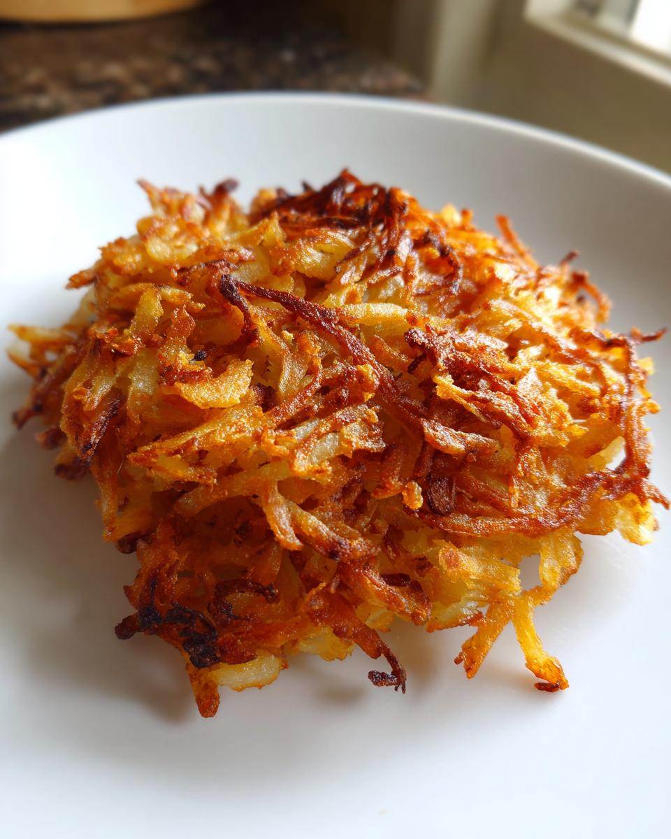 Close-up of a perfectly golden-brown, crispy serving of Haunted Hash Browns on a white plate.
