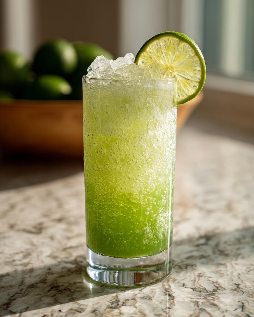 A tall glass filled with a bright green, bubbly Ectoplasm Elixir Mocktail, topped with crushed ice and a lime wheel.