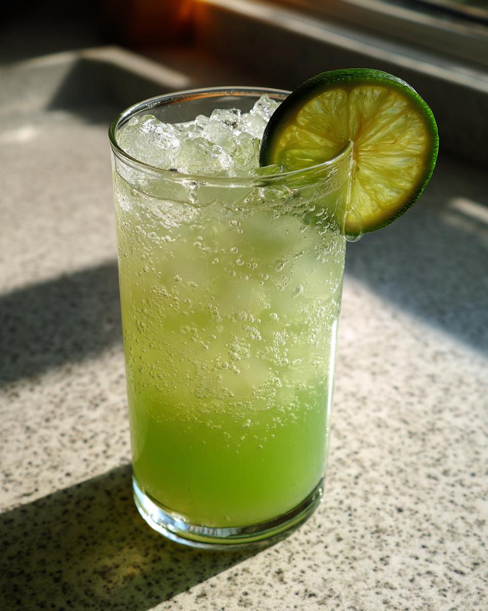 A tall glass filled with a bright green, bubbly Ectoplasm Elixir Mocktail, topped with crushed ice and a lime wheel.