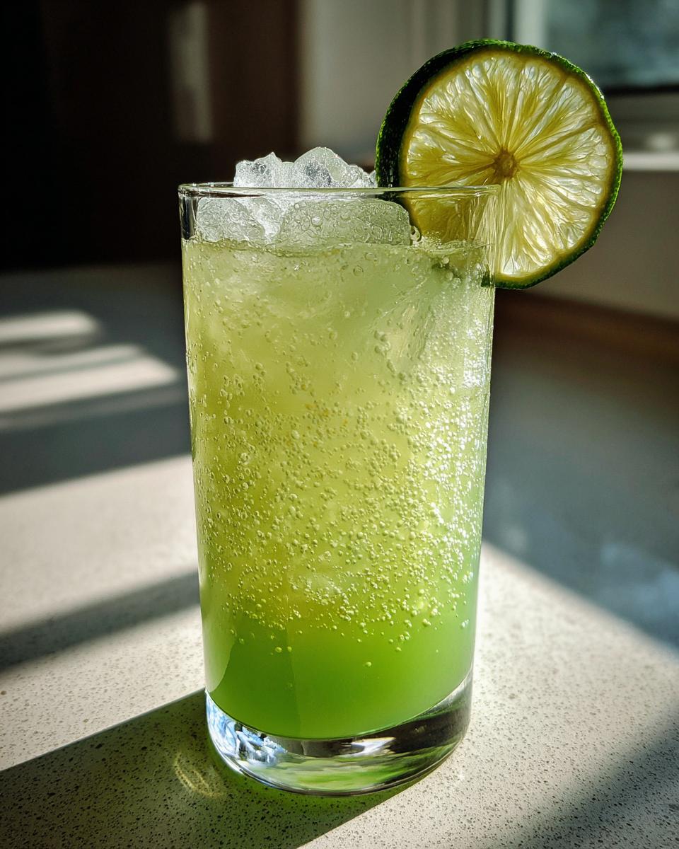 Close-up of a tall glass filled with a bubbly, bright green Ectoplasm Elixir Mocktail, topped with ice and a lime wheel.