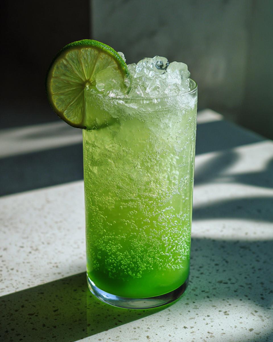 A tall glass filled with a vibrant green, fizzy Ectoplasm Elixir Mocktail, topped with crushed ice and a lime wheel.