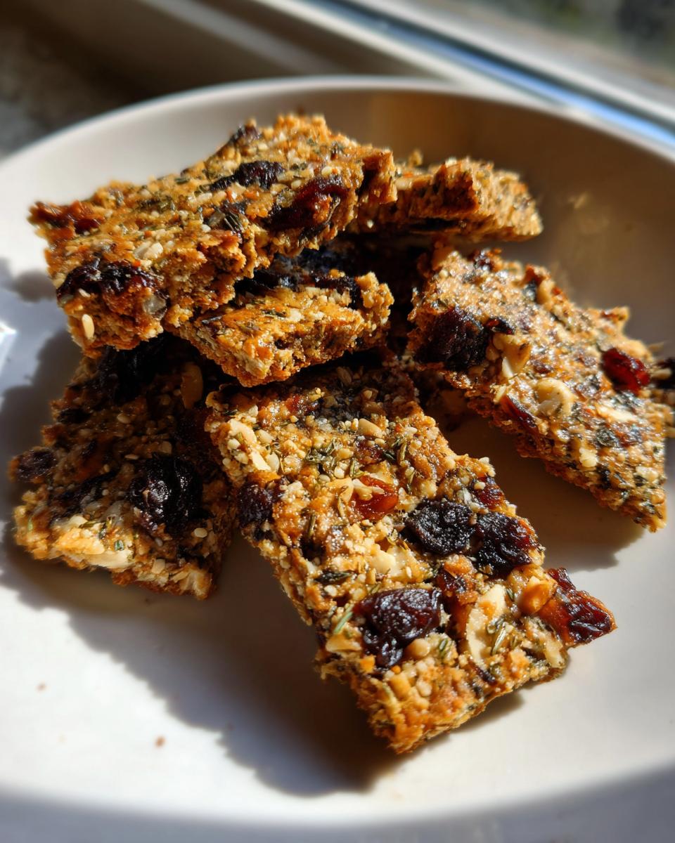 A pile of homemade Fig Walnut Rosemary Crackers featuring visible dried figs, nuts, and herbs on a white plate.