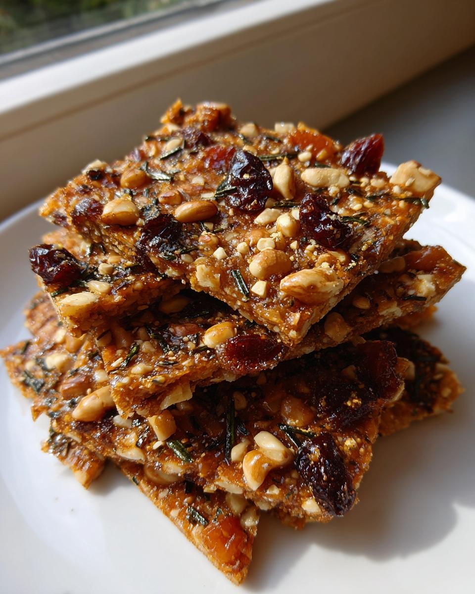 Close-up of a stack of homemade Fig Walnut Rosemary Crackers, showing nuts, dried figs, and rosemary pieces.
