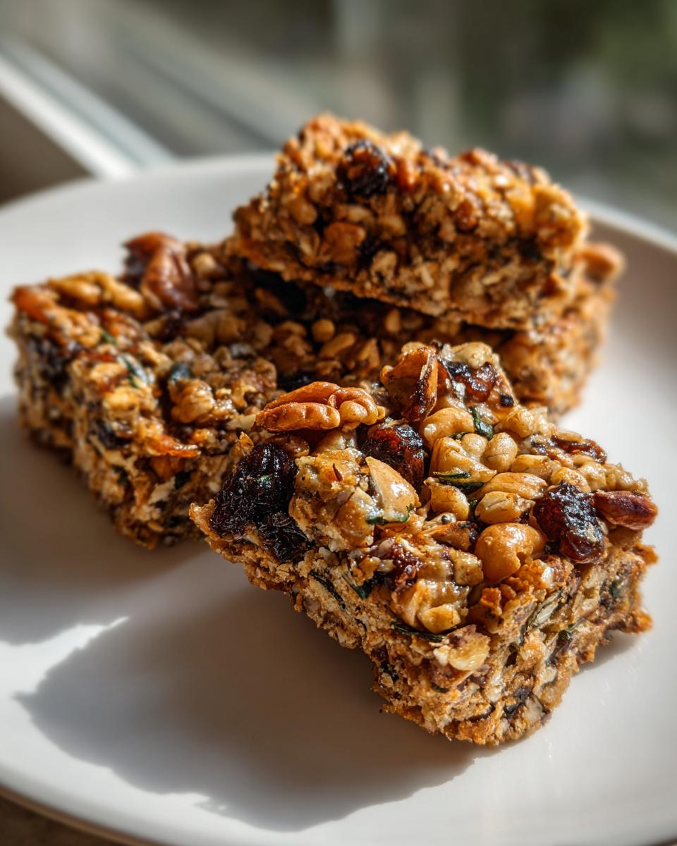 Close-up of stacked Fig Walnut Rosemary Crackers bars showing nuts, seeds, and dried fruit texture.