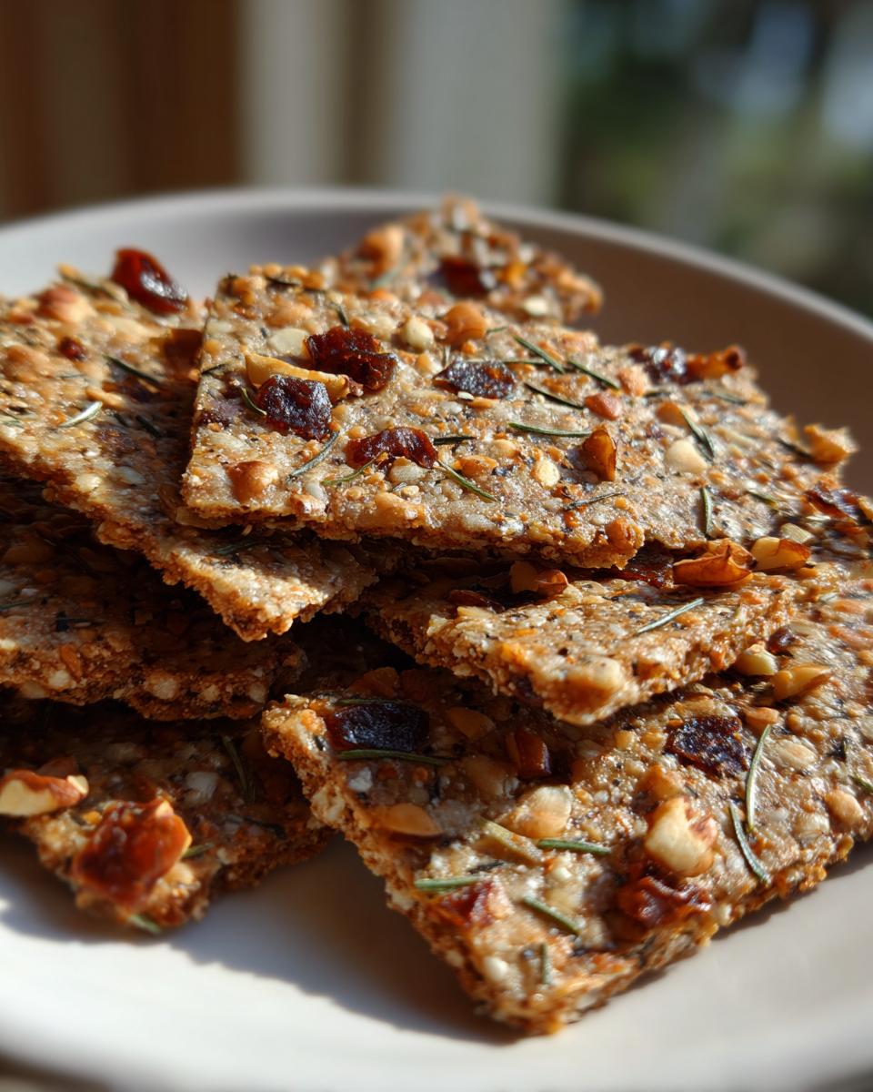 Close-up of a stack of homemade Fig Walnut Rosemary Crackers, showing visible figs, nuts, and rosemary.