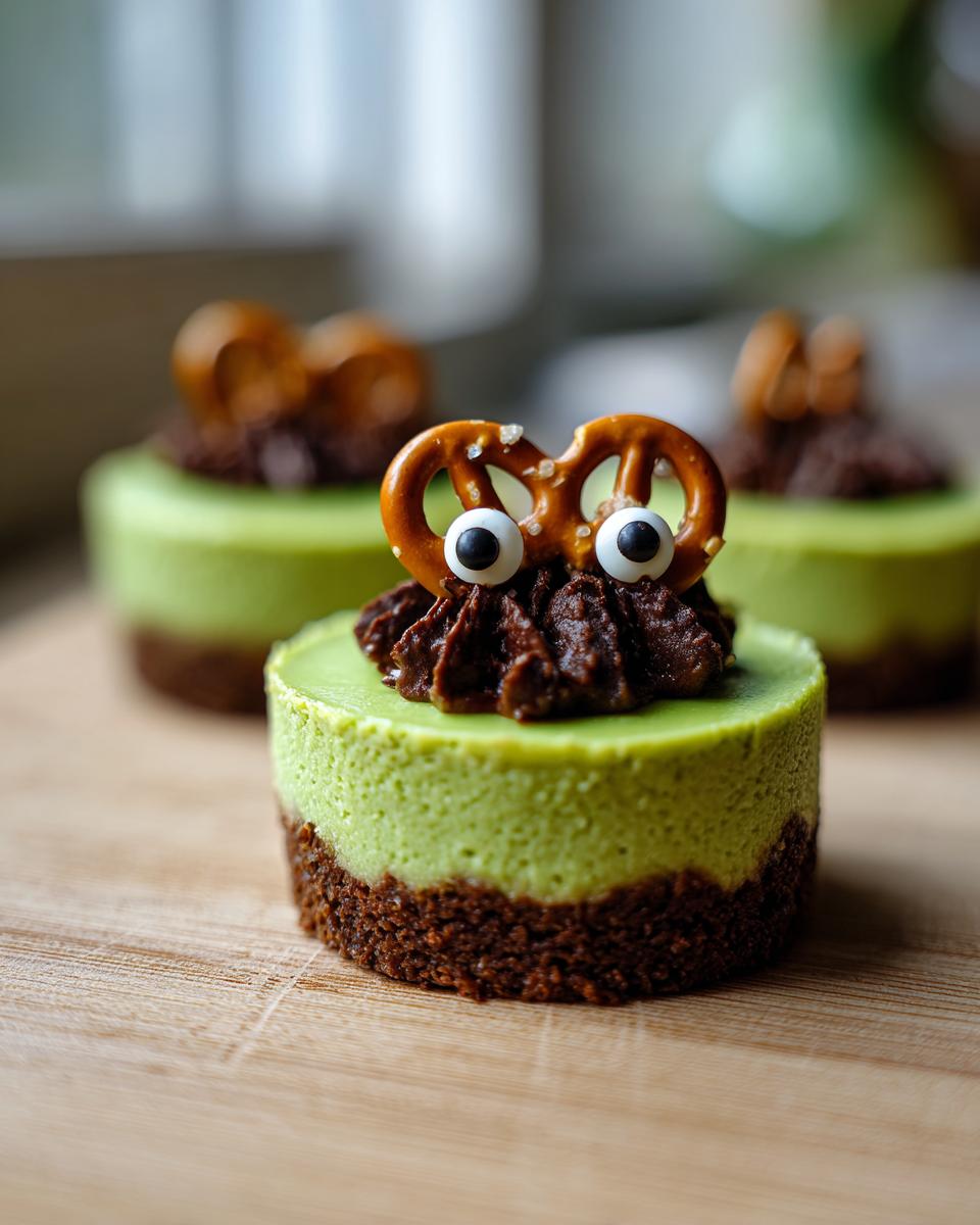 A close-up of one of the Frankenstein Mini Cheesecakes featuring a green layer, chocolate base, and pretzel eyes.