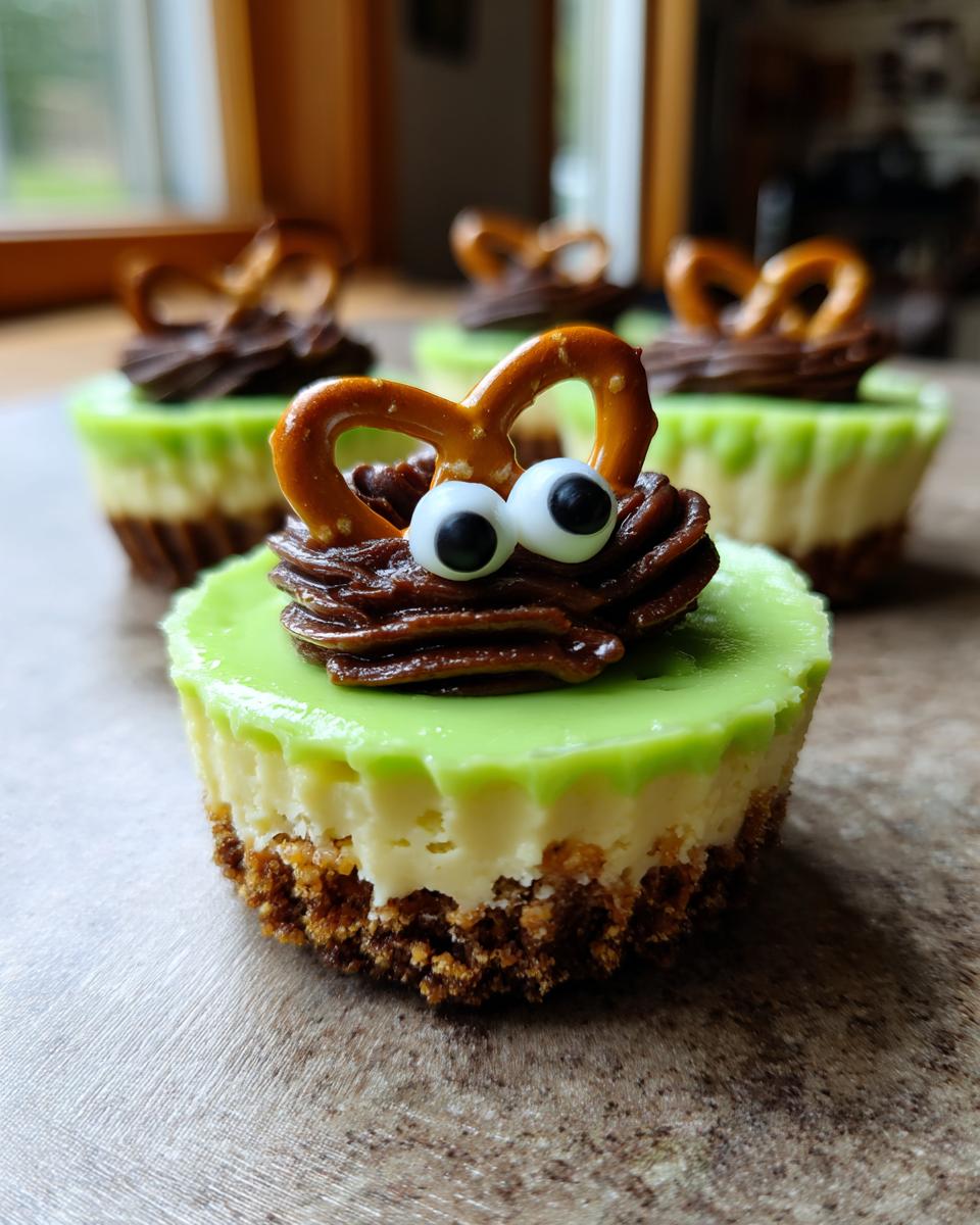 Close-up of a Frankenstein Mini Cheesecakes topped with green glaze, chocolate frosting, candy eyes, and pretzel ears.
