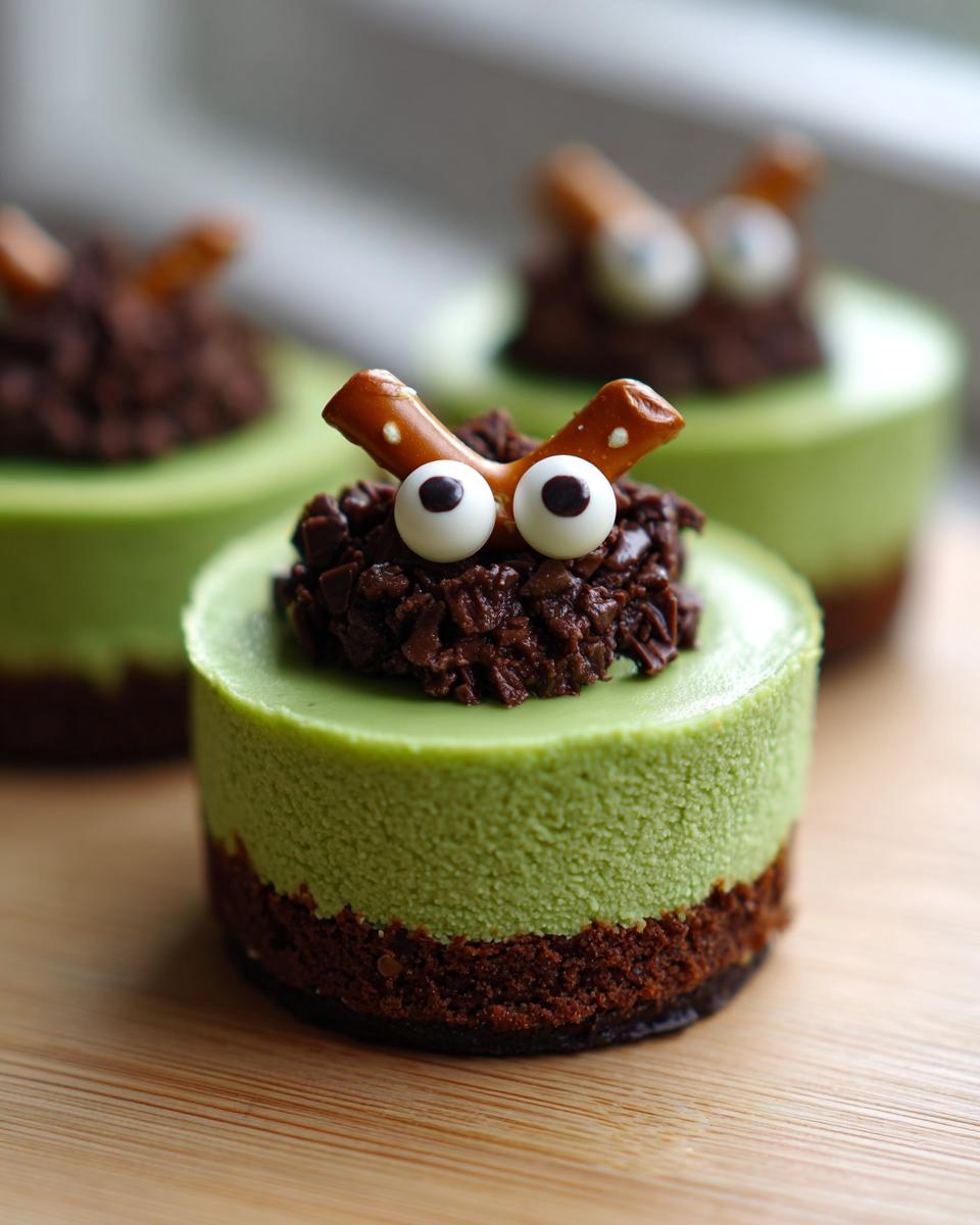 A close-up of one of the Frankenstein Mini Cheesecakes, featuring a green layer, chocolate base, and candy eyes with pretzel horns.