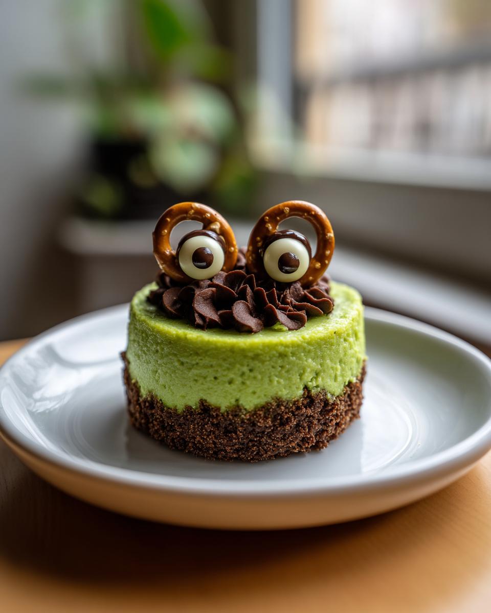 A single Frankenstein Mini Cheesecakes with green filling, chocolate crust, and pretzel eyes on a white plate.