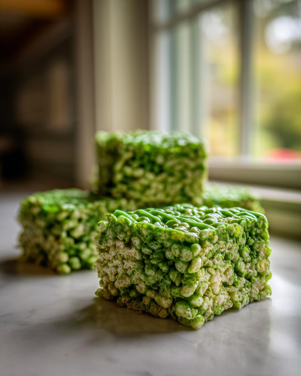 A close-up of a square, green Frankenstein Rice Krispie Bar drizzled with green icing, sitting on a counter.