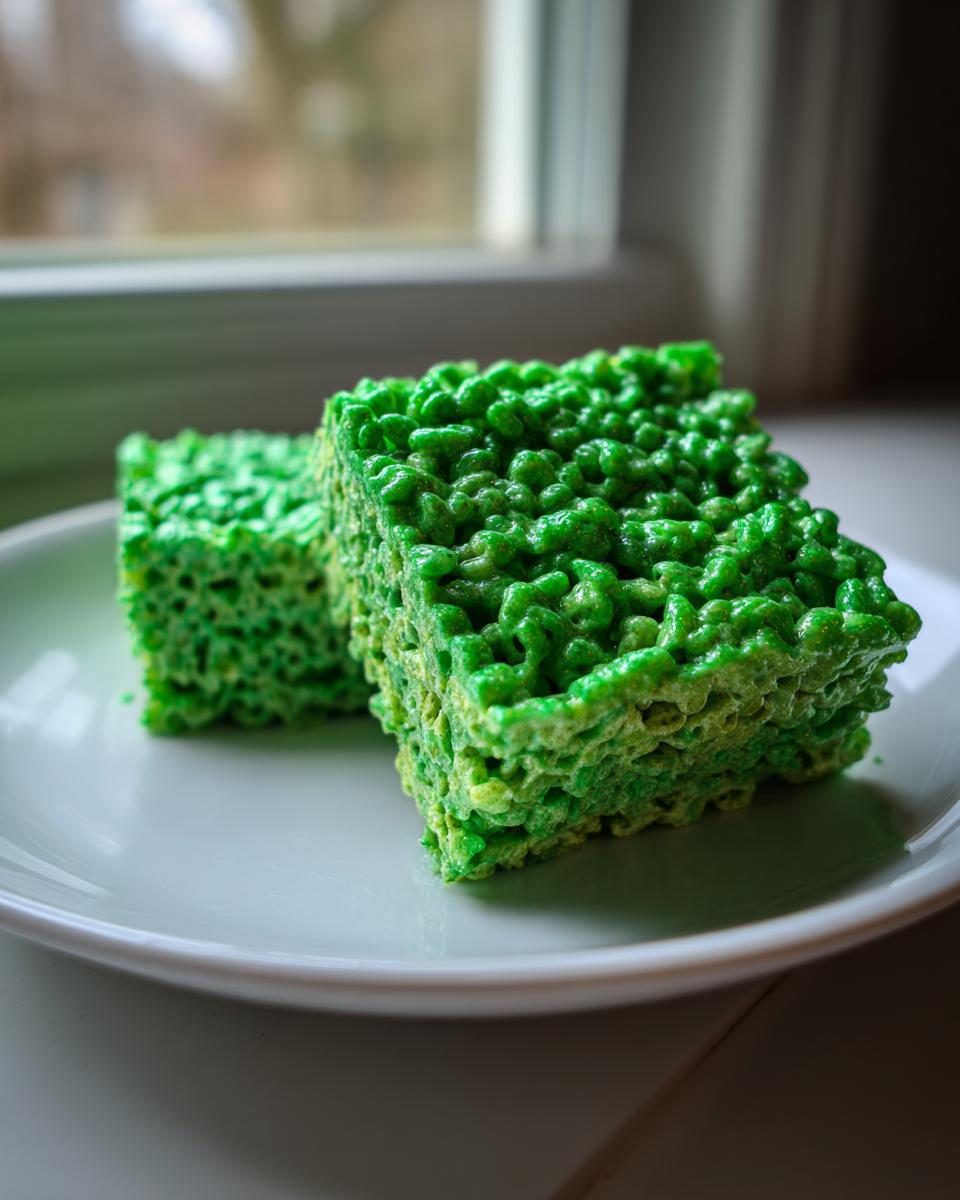Two square, bright green Frankenstein Rice Krispie Bars sitting on a white plate near a window.