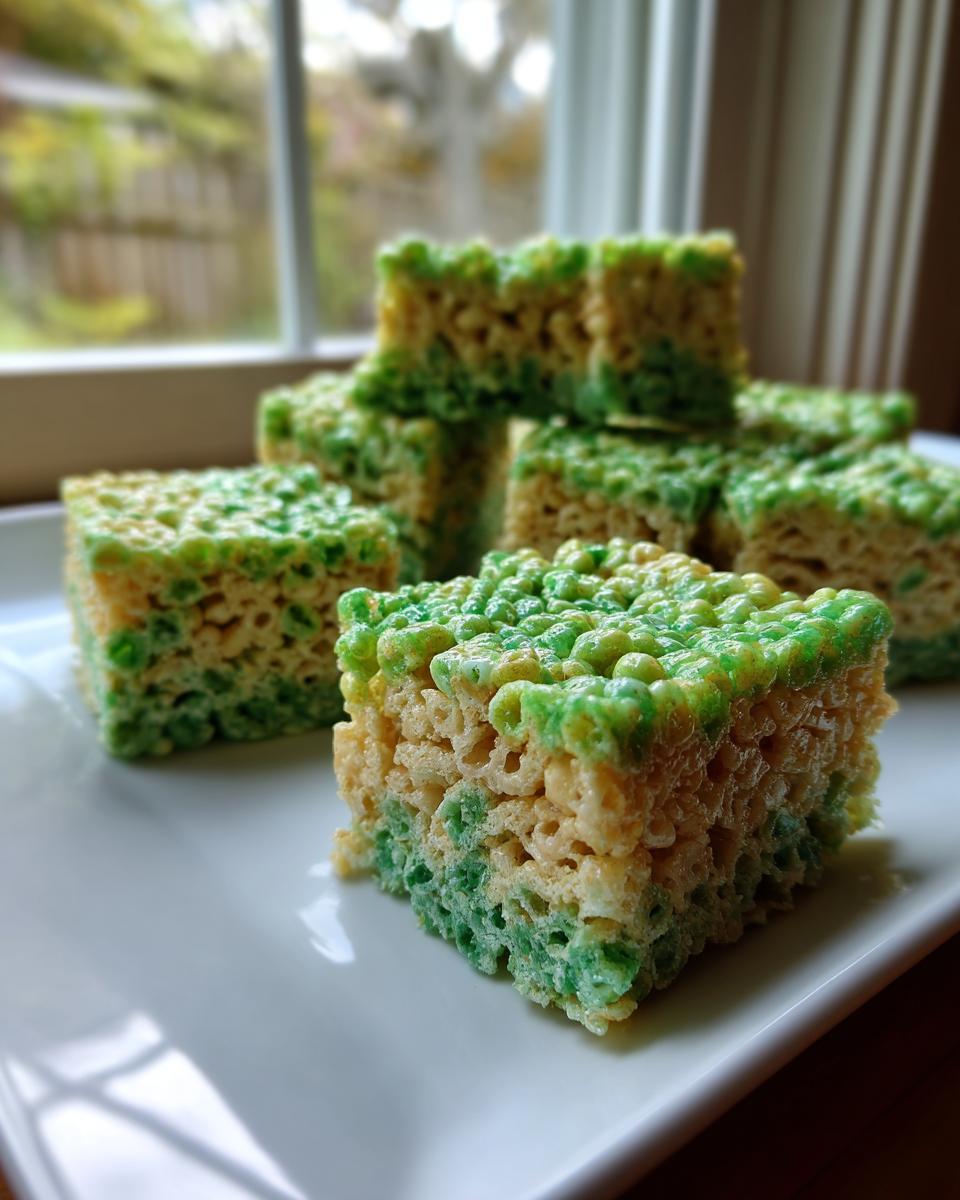 A stack of square Frankenstein Rice Krispie Bars featuring green and yellow coloring, displayed on a white plate.