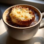 A close-up of classic French Onion Soup topped with a thick, cheesy, broiled crouton.