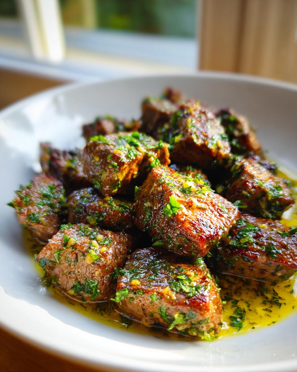 Close-up of seared Garlic Butter Beef Bites coated in a rich, herby garlic butter sauce in a white bowl.