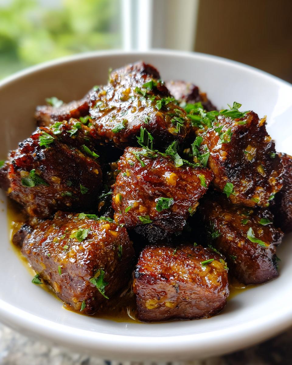 Close-up of tender, glazed Garlic Butter Beef Bites coated in savory sauce and topped with fresh parsley, served in a white bowl.