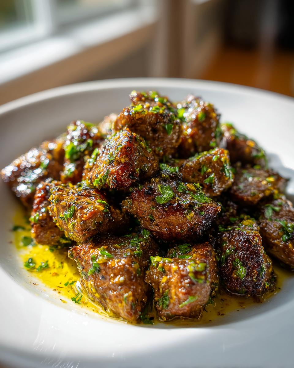 A close-up of juicy Garlic Butter Beef Bites piled high in a white bowl, glistening with butter and herbs.