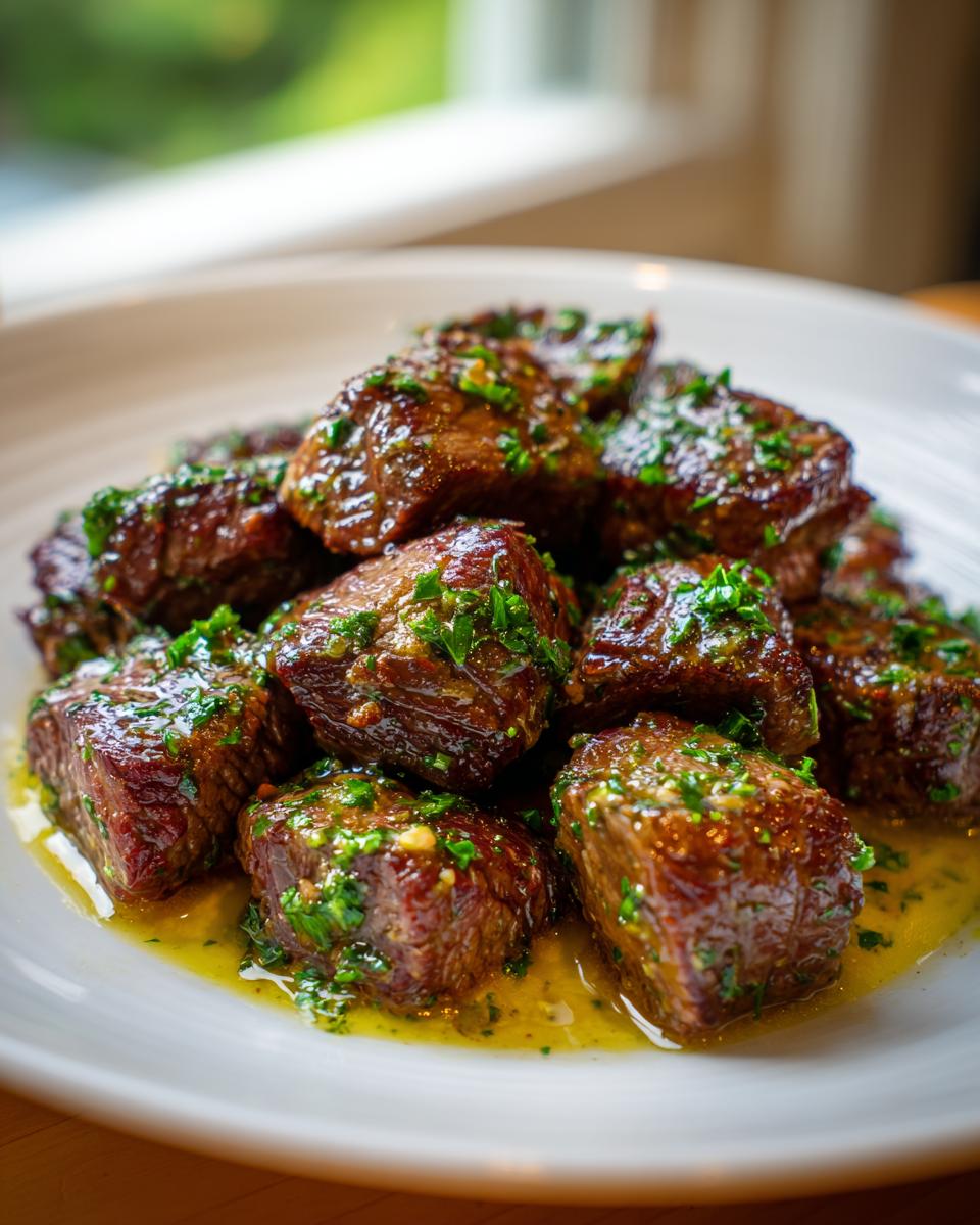 A close-up of perfectly cooked Garlic Butter Beef Bites piled high on a white plate, glistening with garlic butter sauce and fresh parsley.
