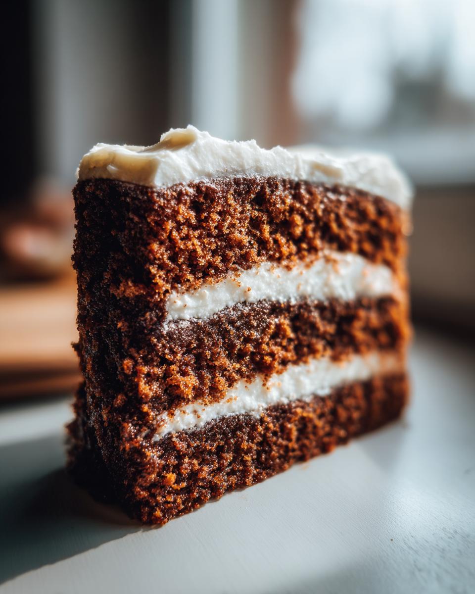 Close-up of a moist slice of Gingerbread Layer Cake showing three dark brown layers separated by thick white frosting.