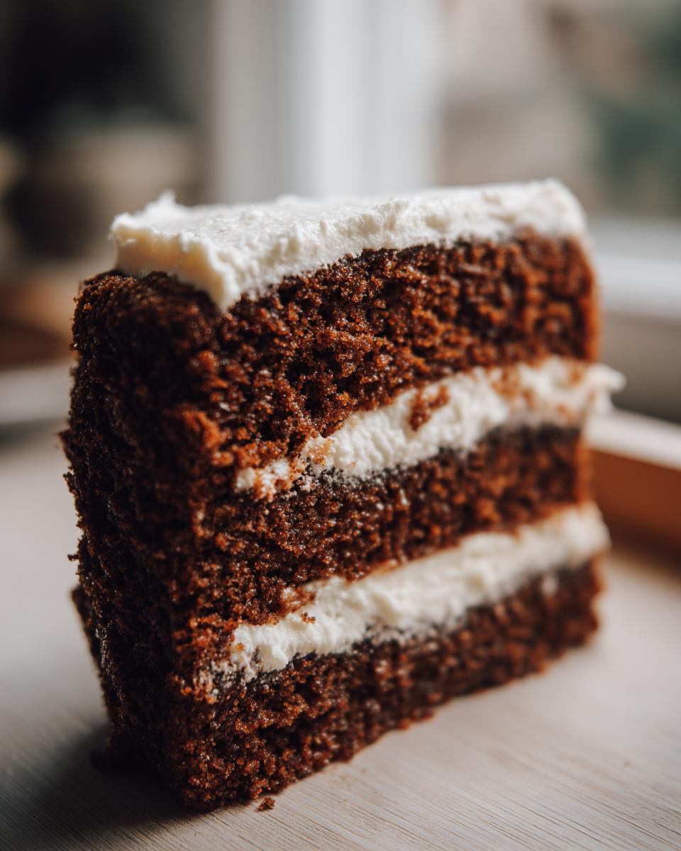 Close-up of a moist slice of Gingerbread Layer Cake showing three dark brown layers separated by thick white cream cheese frosting.